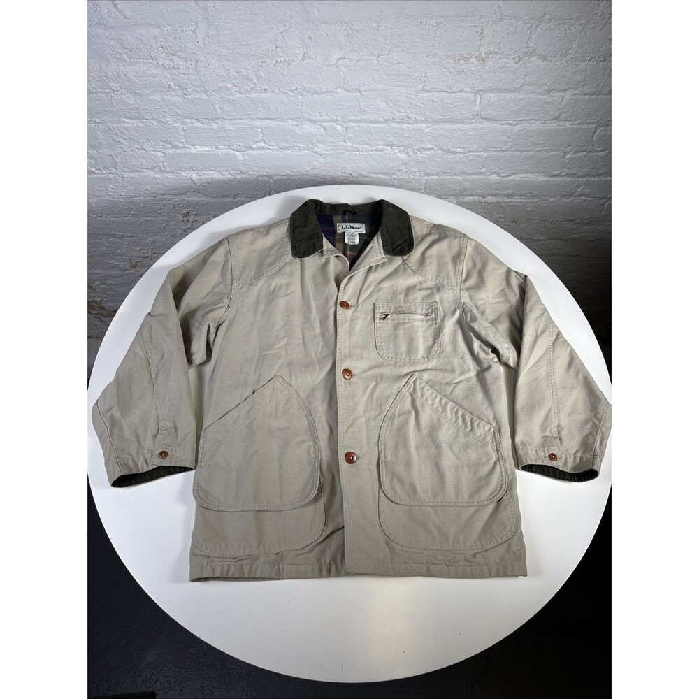 Vtg LL Bean Original Field Coat Men L Barn Chore Jacket light khaki lined GW15